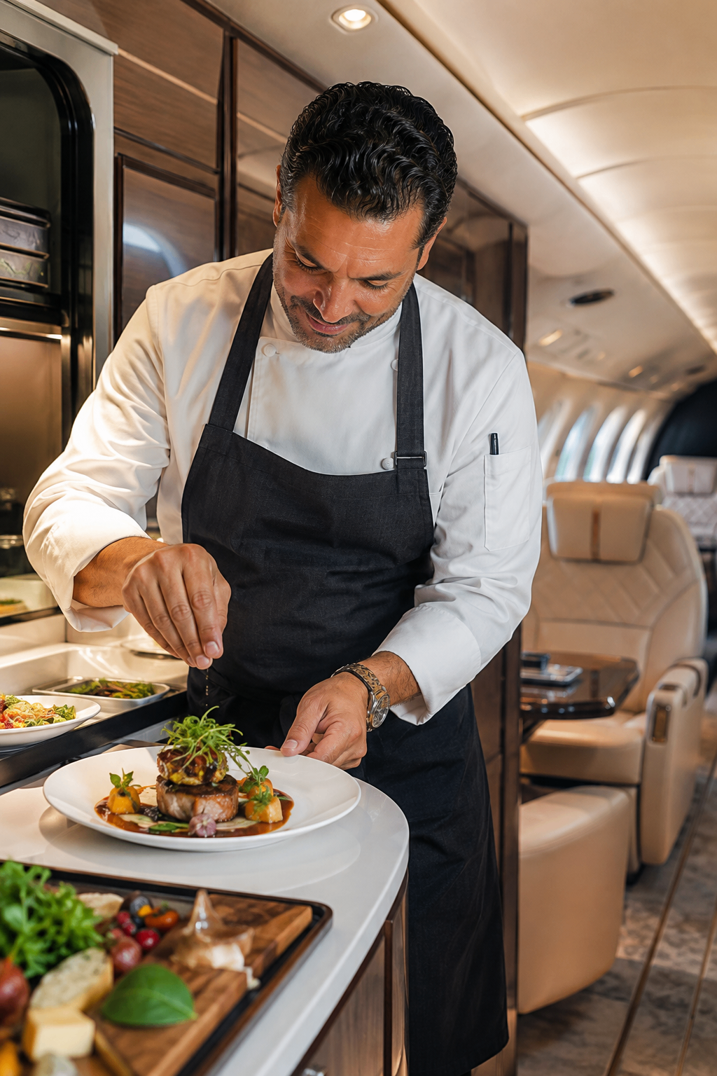 Chef preparing private jet catering inside an aircraft galley