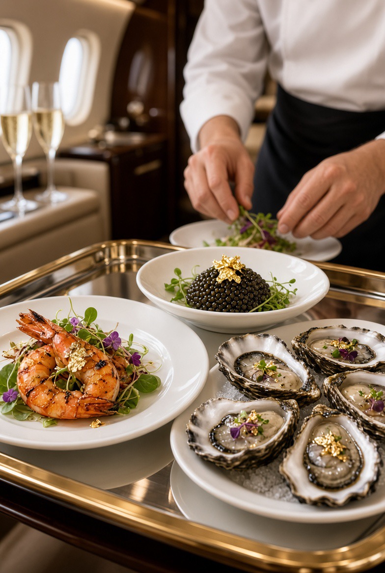 Close-up of appetizers arranged on a gold tray for in-flight service
