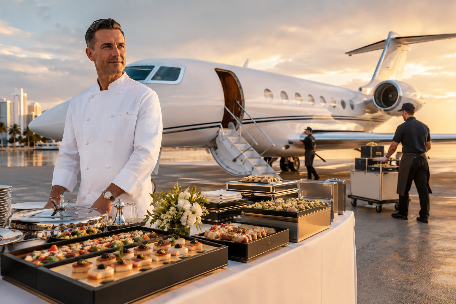 Appetizers staged on the tarmac at sunset for aircraft delivery