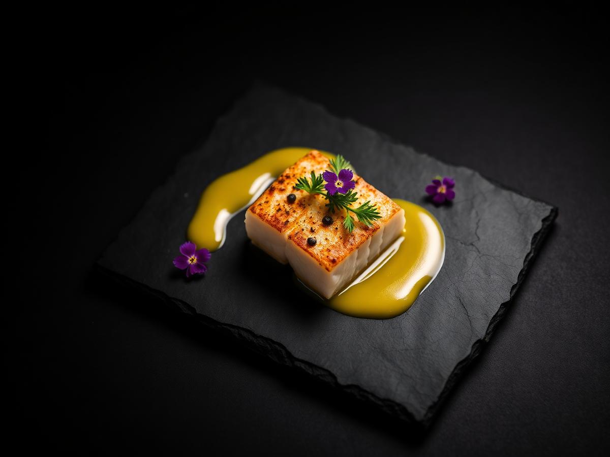 Seared sea bass with saffron emulsion and edible flowers on dark slate, Michelin-style plating