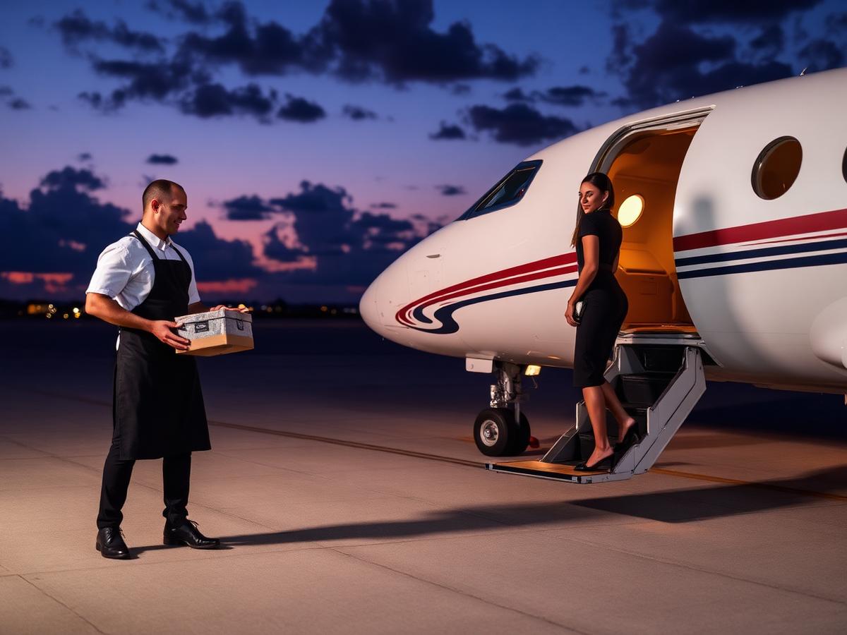 Chef in apron handing sealed catering boxes to a flight attendant at the aircraft door on a Miami tarmac at dusk